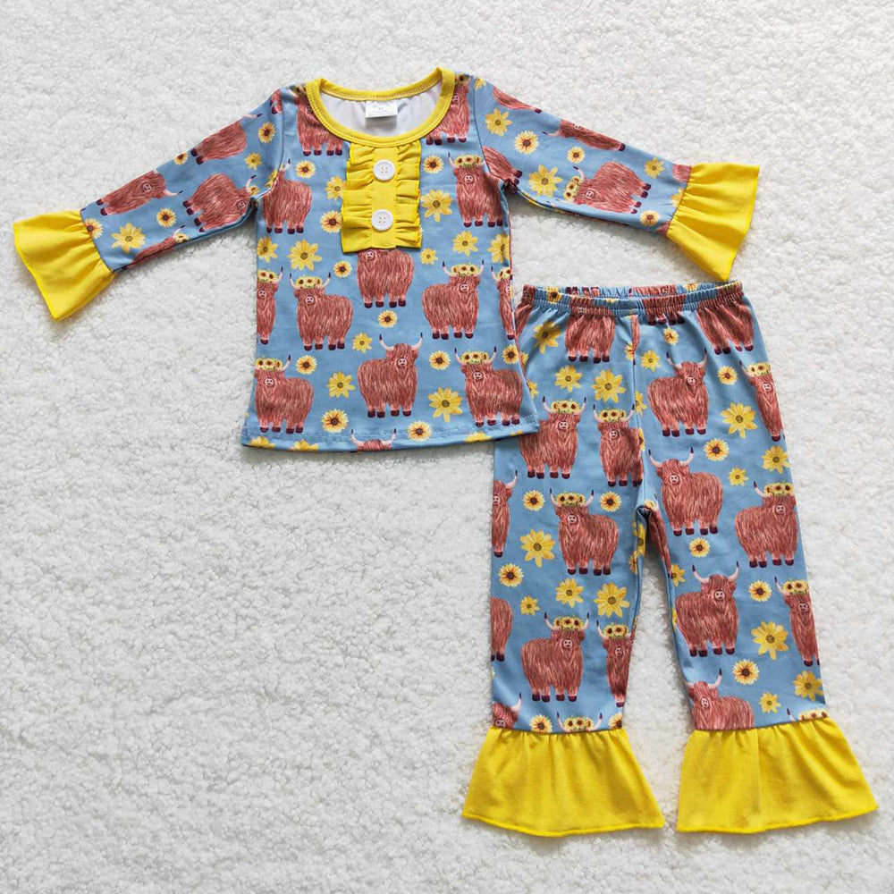 Baby Kids Fall Highland Cow Sunflowers Pajamas Clothes Sets