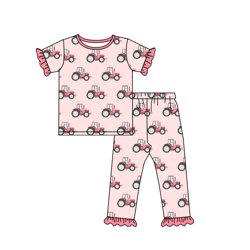 Baby Girls Pink Tractors Tee Bottom Pants Pajamas Clothes Sets preorder(moq 5)