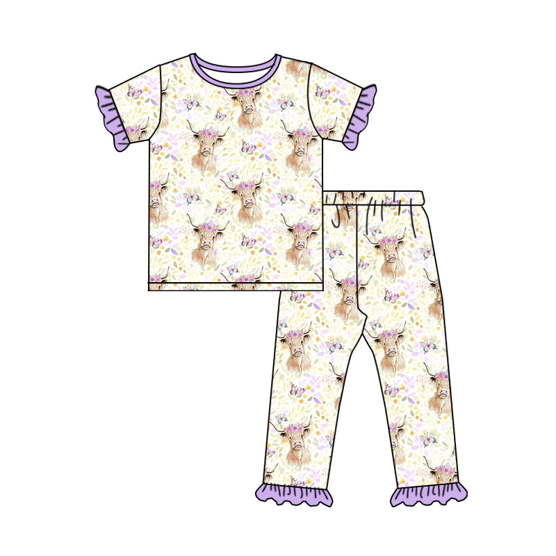 Baby Girls Western Highland Cow Lavender Floral Pants Jammies Pajamas Sets Preorder(moq 5)