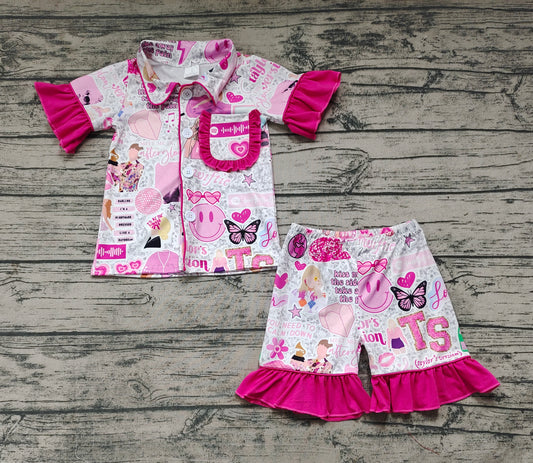 Baby Girls Pop Singer Pink Buttons Shirt Top Ruffle Shorts Pajamas