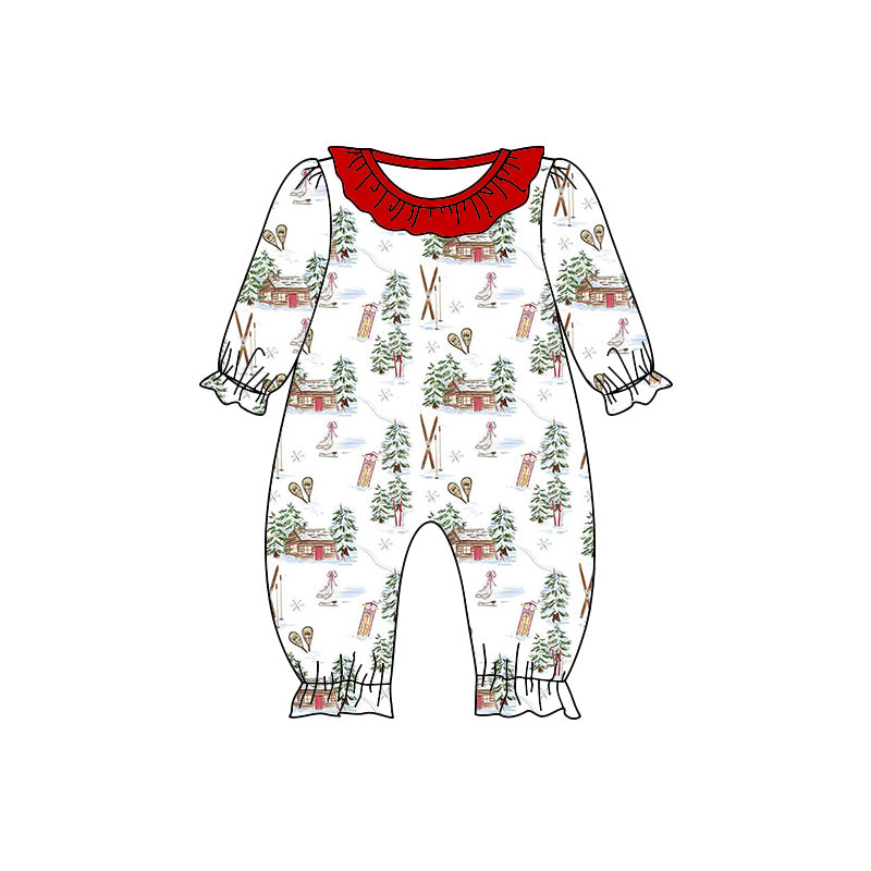 Baby Girls Christmas Snow Tree Long Sleeve Ruffle Rompers preorder(moq 5)