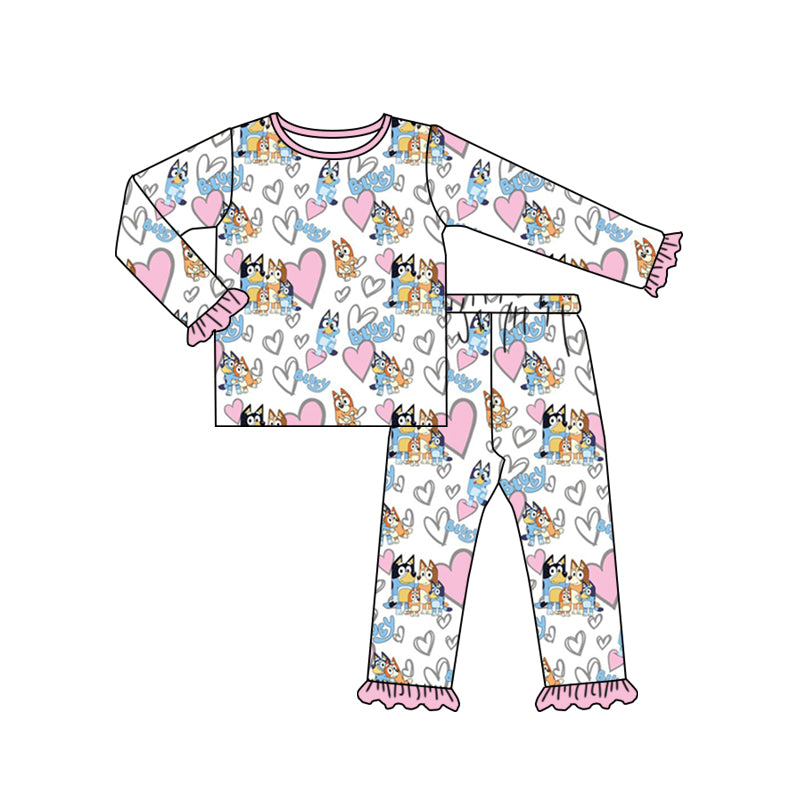 Baby Girls Hearts White Valentines Dogs Shirts Top Pants Pajamas Clothes Sets preorder(moq 5)