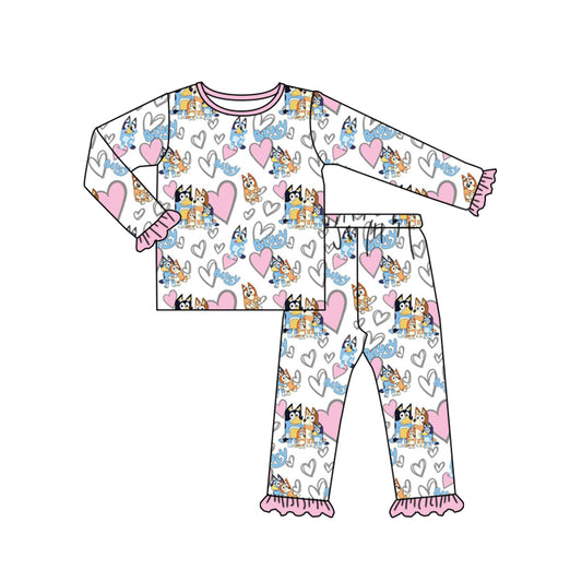 Baby Girls Hearts White Valentines Dogs Shirts Top Pants Pajamas Clothes Sets preorder(moq 5)