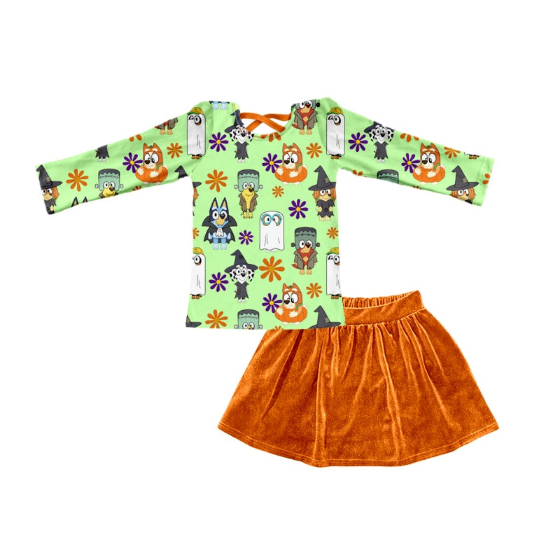 Baby Girls Green Dog Shirt Skirt 2pcs Clothing Sets preorder(moq 5)