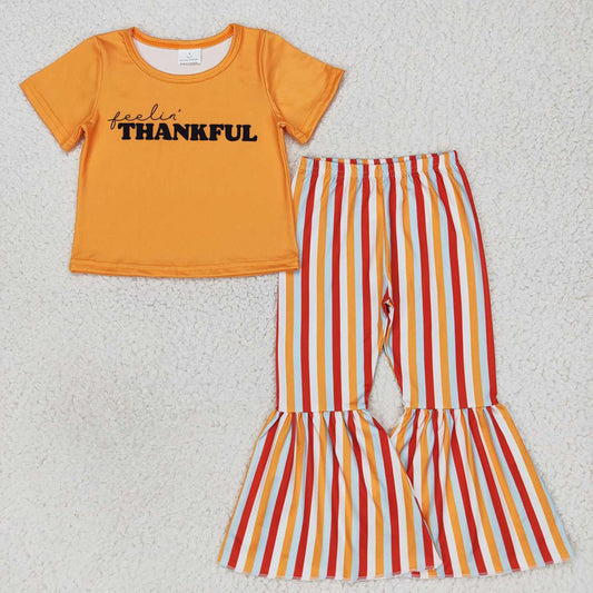 Baby Girls Orange Thankful Tee Shirt Thanskgiving Tops Stripes Bell Bottom Pants Clothes Sets
