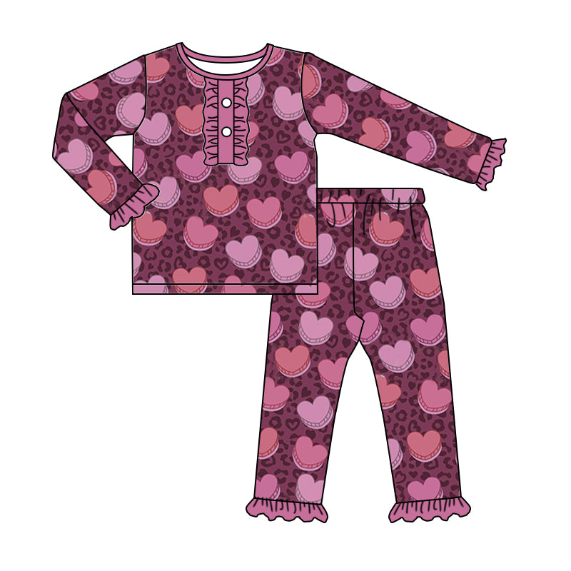 Baby Girls Hearts Valentines Leopard Shirts Top Pants Pajamas Clothes Sets preorder(moq 5)