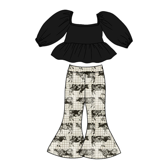 Baby Girls Black Top Tee Shirt Cows Bell Pants Clothing Sets Preorder(moq 5)