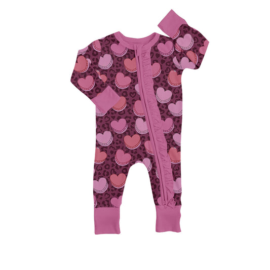 Baby Girls Valentines Leopard Hearts Long Sleeve Zip Rompers preorder(moq 5)