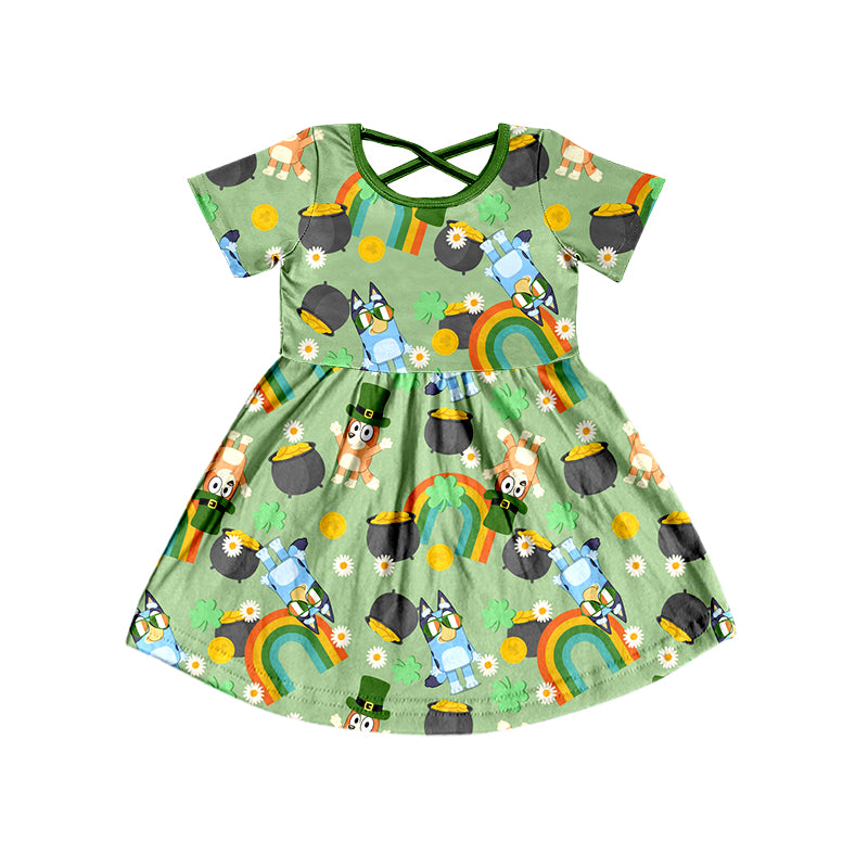 Baby Girls St Patrick Day Cartoon Dogs Short Sleeve Knee Length Dresses Preorder(moq 5)