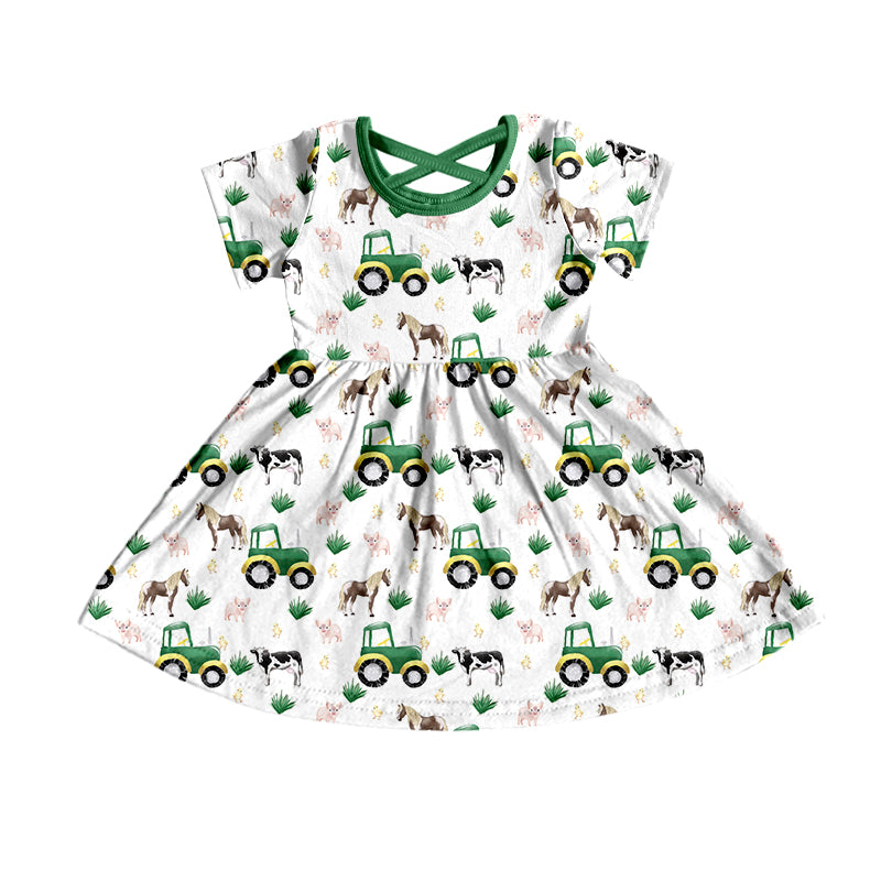 Baby Girls Short Sleeve Green Farm Knee Length Dresses Preorder(moq 5)