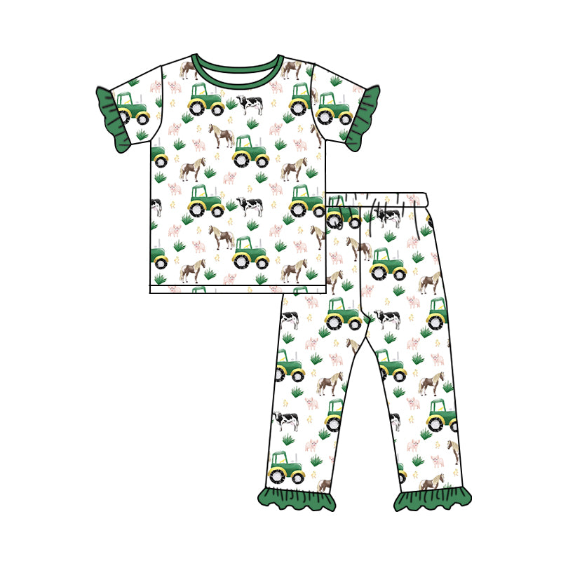 Baby Girls Green Tractor Farm Tee Shirt Pants Pajamas Clothing Sets Preorder(moq 5)