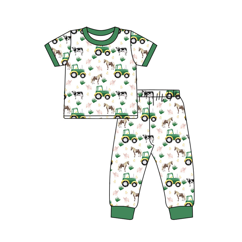 Baby Boys Green Tractor Farm Tee Shirt Pants Pajamas Clothing Sets Preorder(moq 5)