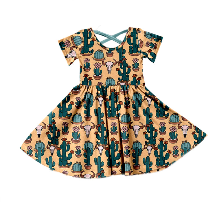 Baby Girls Short Sleeve Western Brown Cow Knee Length Dresses Preorder(moq 5)