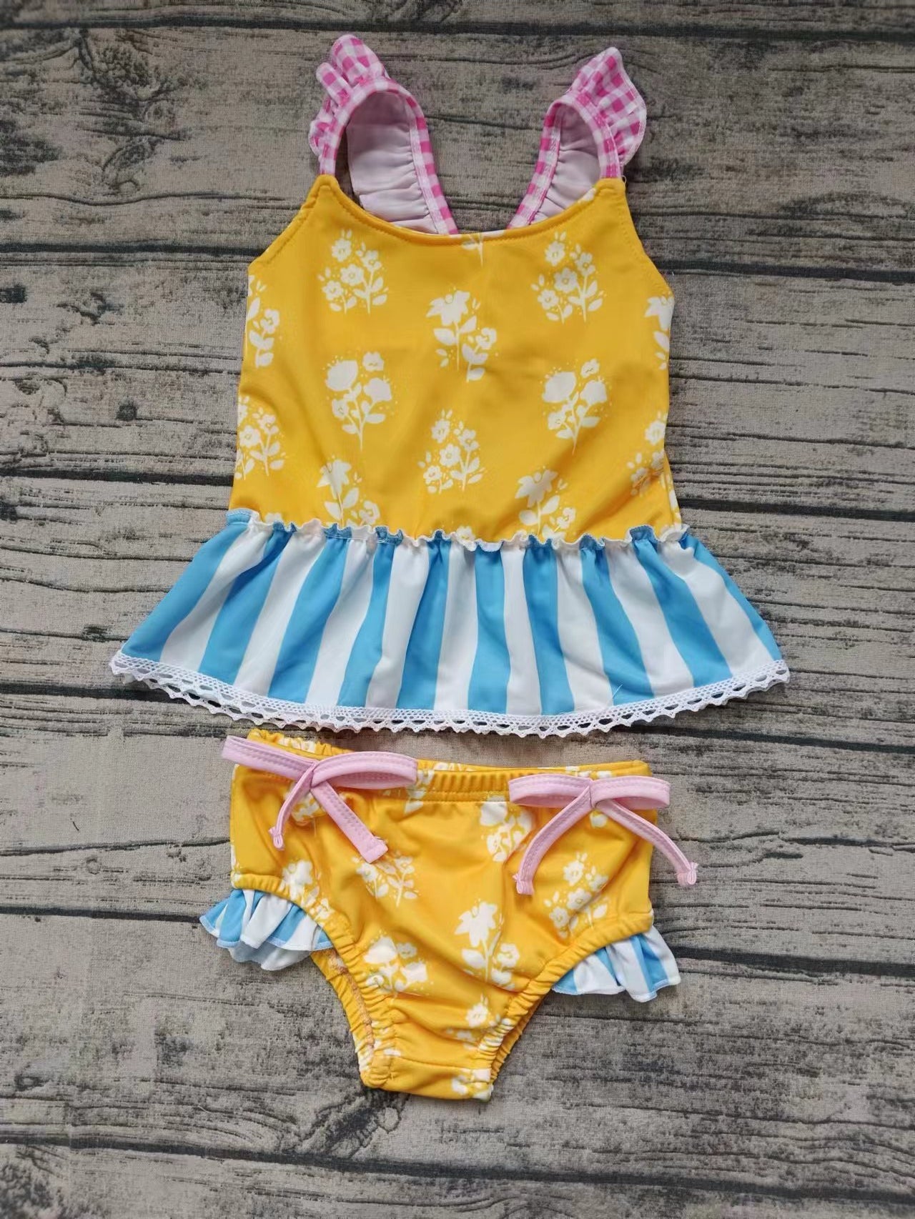 Baby Girls Blue Flowers Ruffle Top Bummie Swimsuits Clothes Sets Preorder(moq 5)