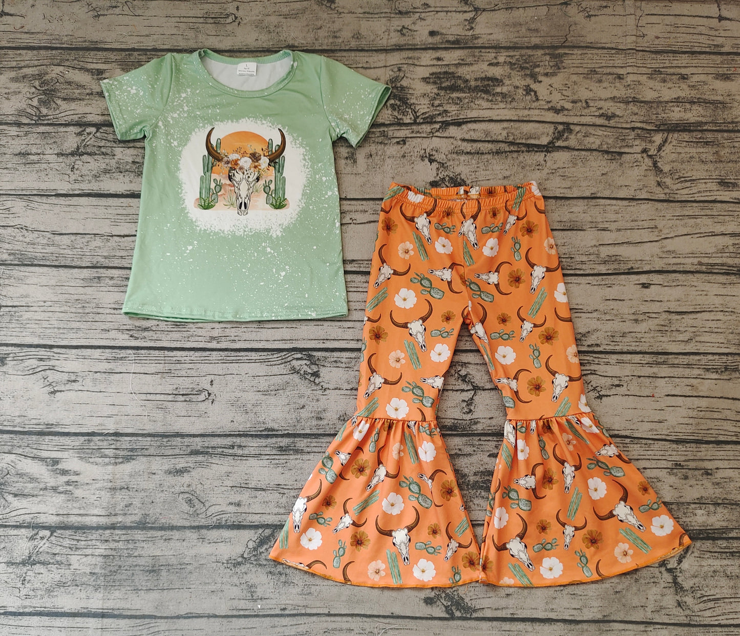 Baby Girls Western Cow Cactus Tee Flowers Bell Pants Clothes Sets