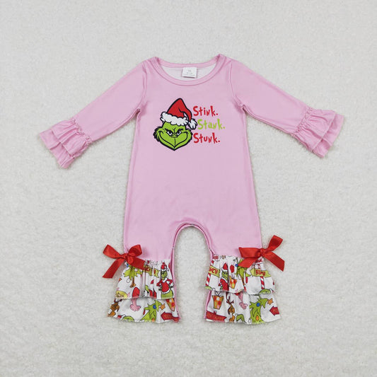 Baby Infant Girls Pink Ruffle Frog Long Sleeve Rompers