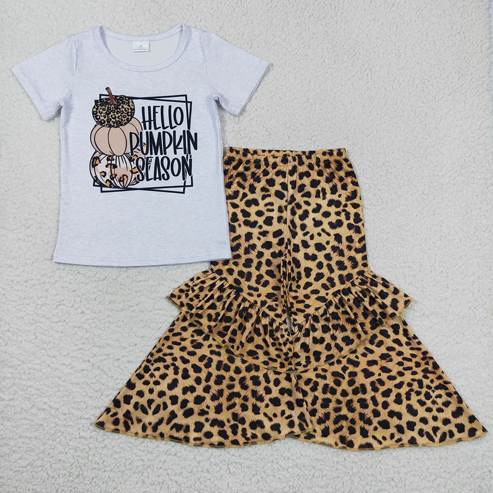 Baby Girls Hello Pumpkin Top Leopard Bell Pants Clothes Sets