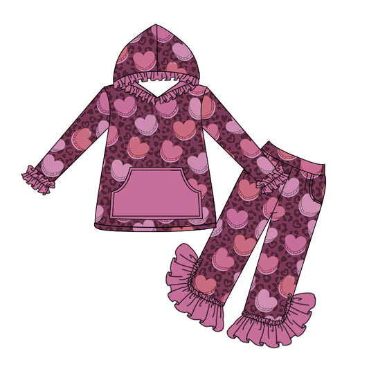 Baby Girls Hearts Valentines Leopard Hooded Shirts Top Pants Ruffle Clothes Sets preorder(moq 5)