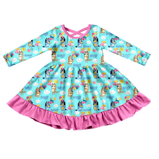 Baby Girls Blue Dogs Ruffle Long Sleeve Knee Length Dresses preorder(moq 5)