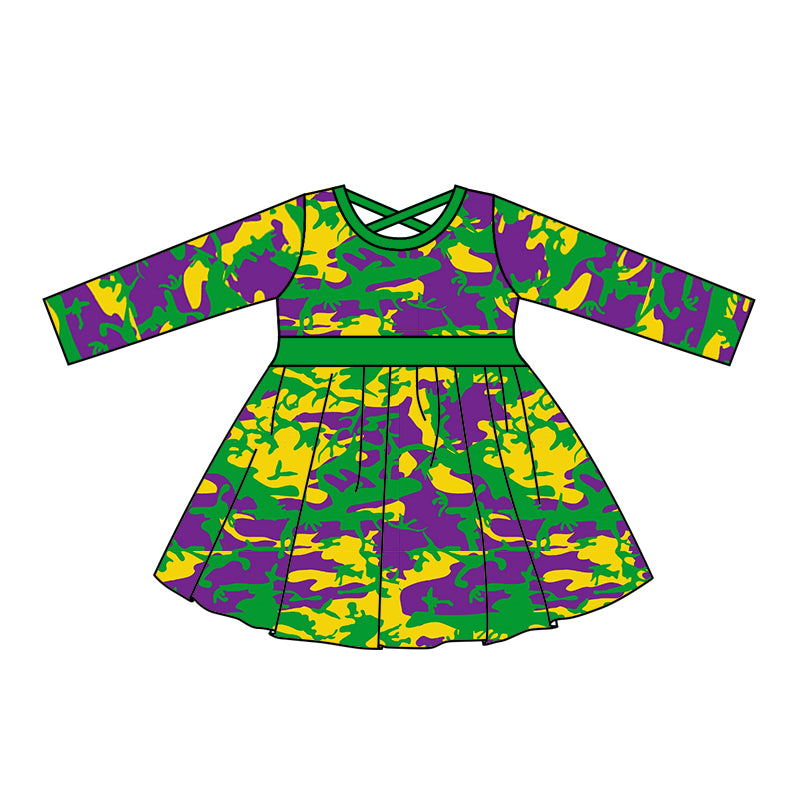 Baby Girls Mardi Gras Camo Long Sleeve Knee Length Dresses preorder(moq 5)