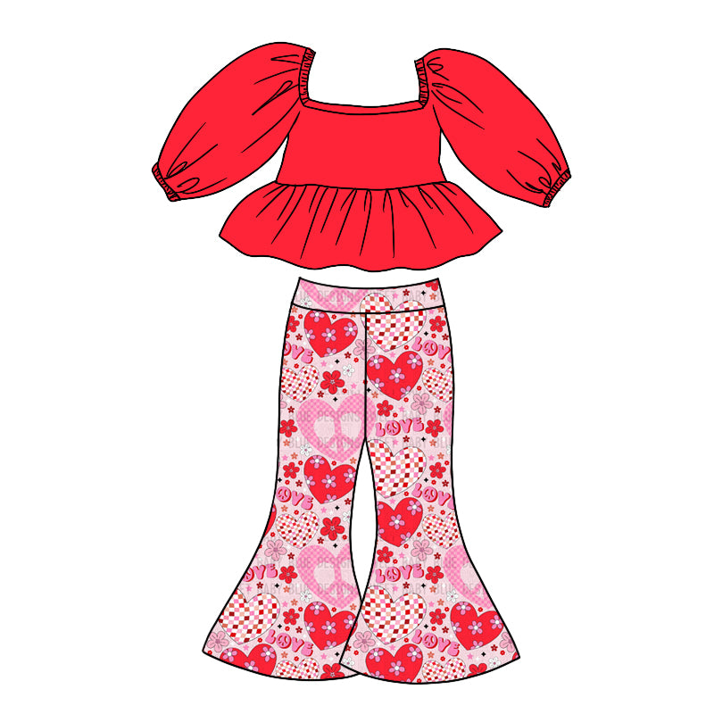 Baby Girls Pink Tee Shirt Valentines Hearts Bell Pants Clothing Sets Preorder(moq 5)