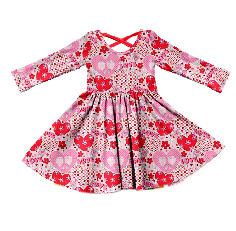 Baby Girls Long Sleeve Valentines Hearts Knee Length Dresses Preorder(moq 5)