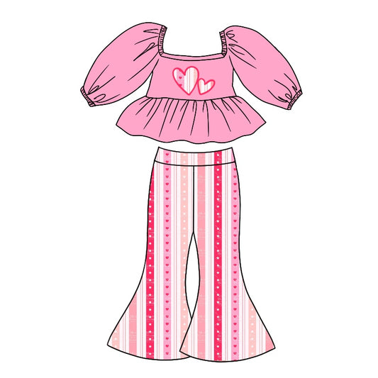 Baby Girls Heart Shirt Stripes Bell Pants Clothing Sets Preorder(moq 5)