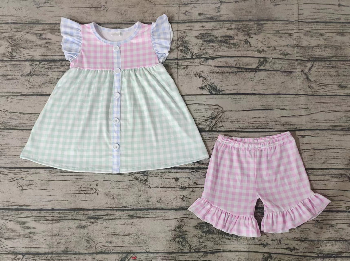 Baby Girls Green Pink Checkered Tunic Ruffle Shorts Clothes Sets