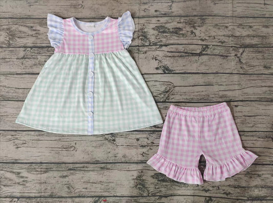 Baby Girls Green Pink Checkered Tunic Ruffle Shorts Clothes Sets