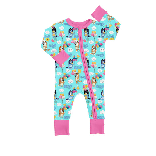 Baby Girls Blue Dogs Long Sleeve Zip Rompers preorder(moq 5)