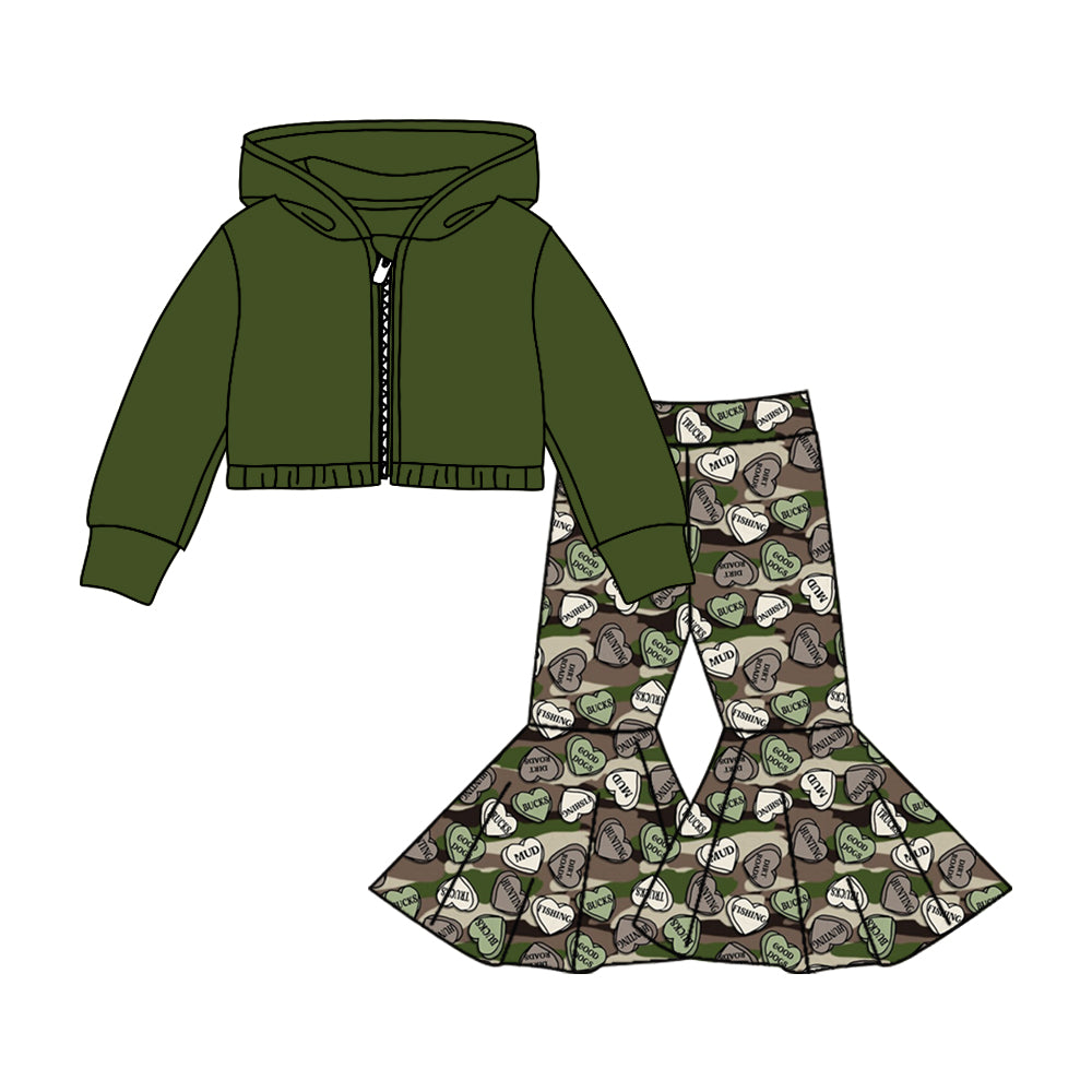 Baby Girls Green Hooded Shirts Top Camo Hearts Bell Pants Clothes Sets preorder(moq 5)