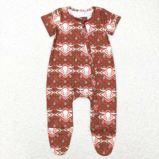 Baby Boys Western Aztec Cow Brown Short Sleeve Footie Rompers