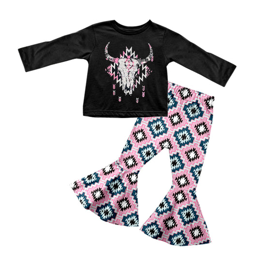 Baby Girls Black Cow Shirts Top Bell Aztec Pants Clothes Sets preorder(moq 5)