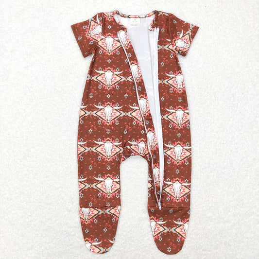 Baby Boys Western Aztec Cow Brown Short Sleeve Footie Rompers