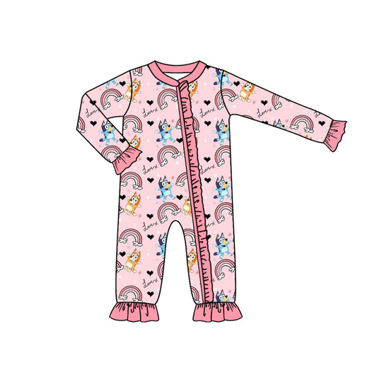 Baby Girls Valentines Rainbow Dogs Long Sleeve Zip Rompers preorder(moq 5)