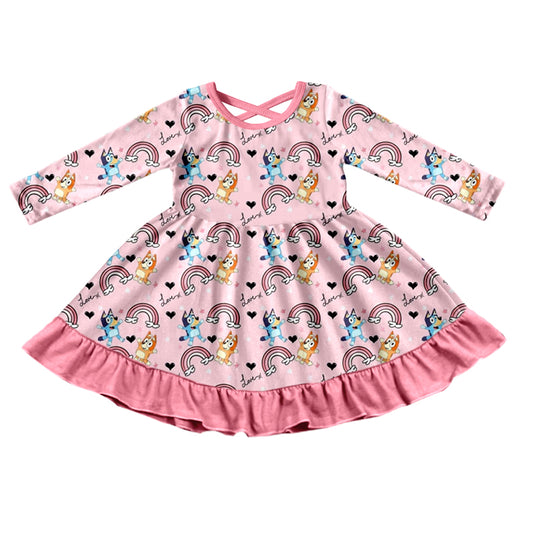 Baby Girls Pink Dogs Rainbow Ruffle Long Sleeve Knee Length Dresses preorder(moq 5)