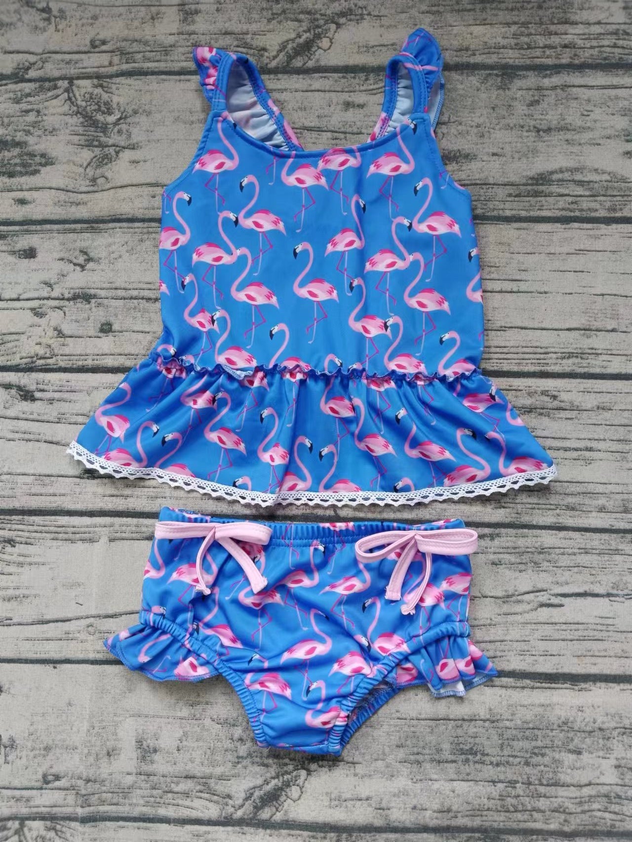 Baby Girls Flamingo Ruffle Top Bummie Swimsuits Clothes Sets Preorder(moq 5)