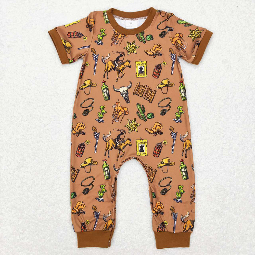 Baby Infant Boys Summer Western Rodeo Cow Skull Rompers