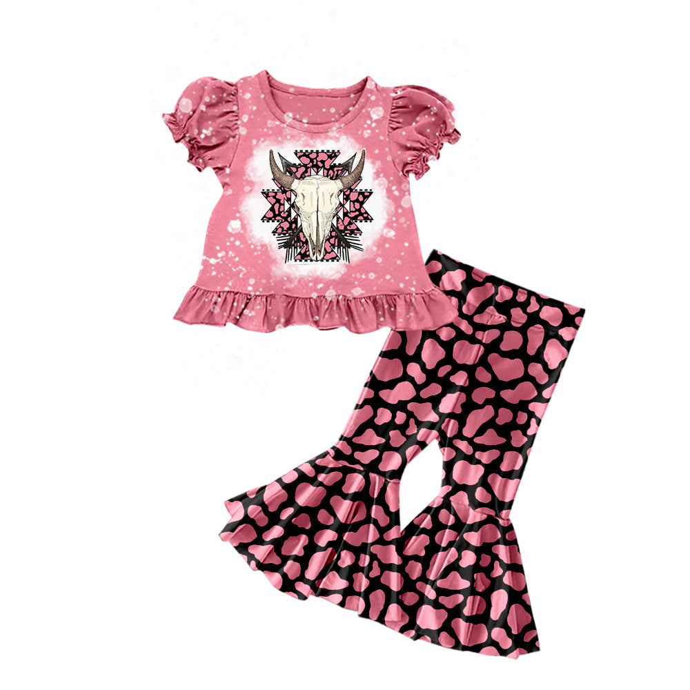Baby Girls Pink Western Cow Tee Shirt Cow Flare Pants Clothes Sets preorder(moq 5)