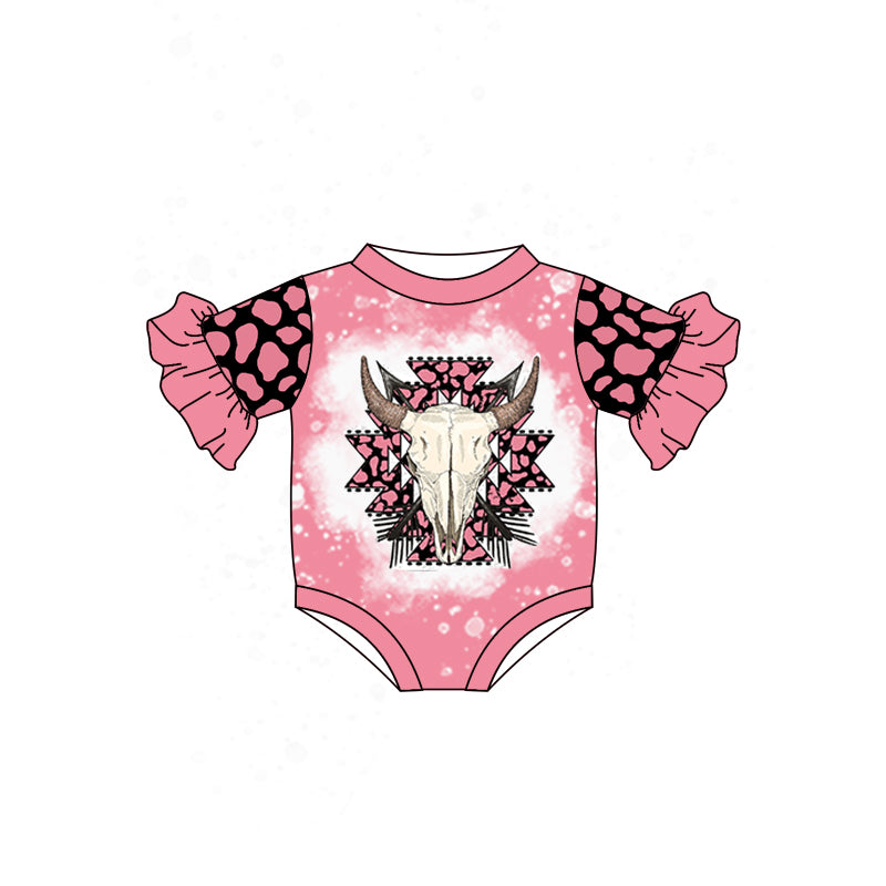 Baby Girls Western Pink Cow Ruffle Short Sleeve Rompers preorder(moq 5)