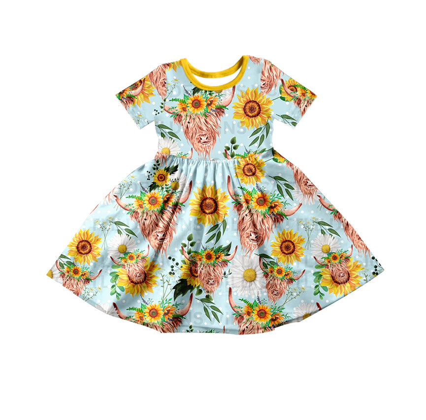 Baby Girls Western Highland Sunflowers Cows Short Sleeve Twirl Dresses preorder(moq 5)