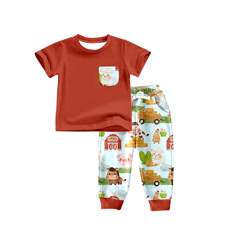 Baby Boys Farm House Cows Short Sleeve Tee Shirt Pants Clothes Sets preorder(moq 5)