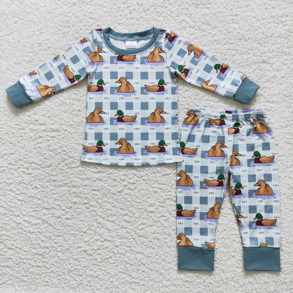 Baby Boys Fall Duck Blue Checkered Top Pants Jammies 2pcs Pajamas Sets