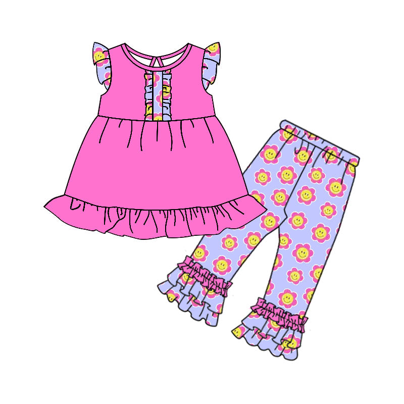 Baby Girls Pink Flowers Tunic Top Ruffle Pants Outfits Sets preorder(moq 5)