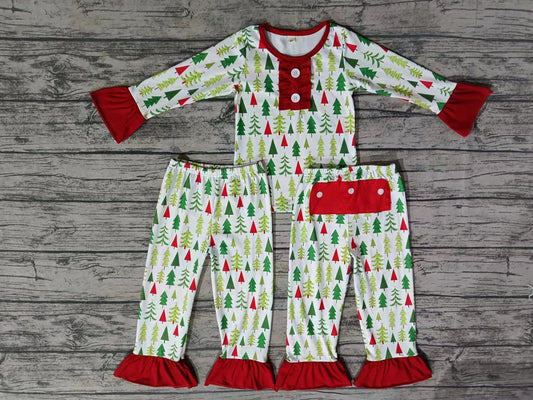 Baby Girls Christmas Tree Buttons 2pcs Pajamas Pants Clothes Sets preorder(moq 5)