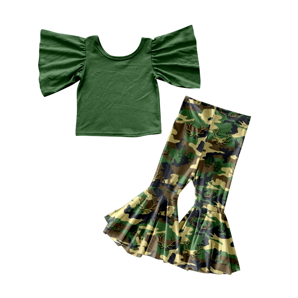 Baby Girls Green Flutter Sleeve Top Camo Deer Bell Pants Clothes Sets preorder(moq 5)