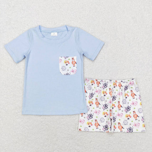 Baby Boys Cows Horse Blue Farm Shirt Top Shorts Clothing Sets