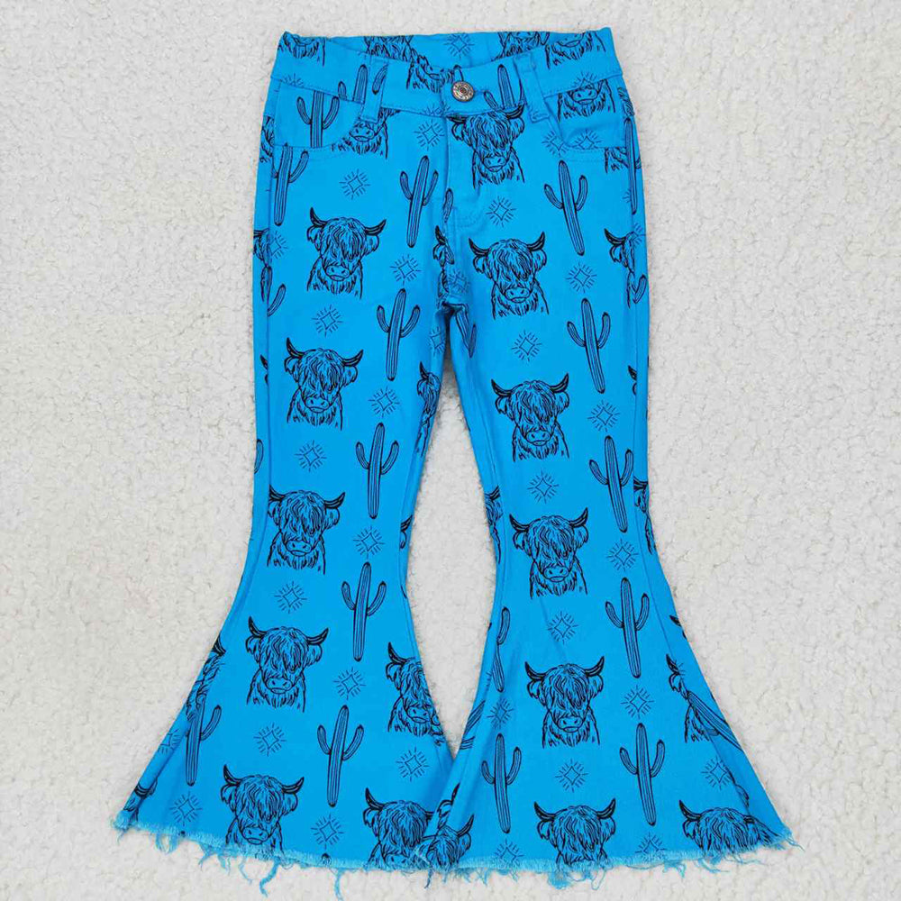 Baby Girls Blue Highland Cow Cactus Denim Bell Pants