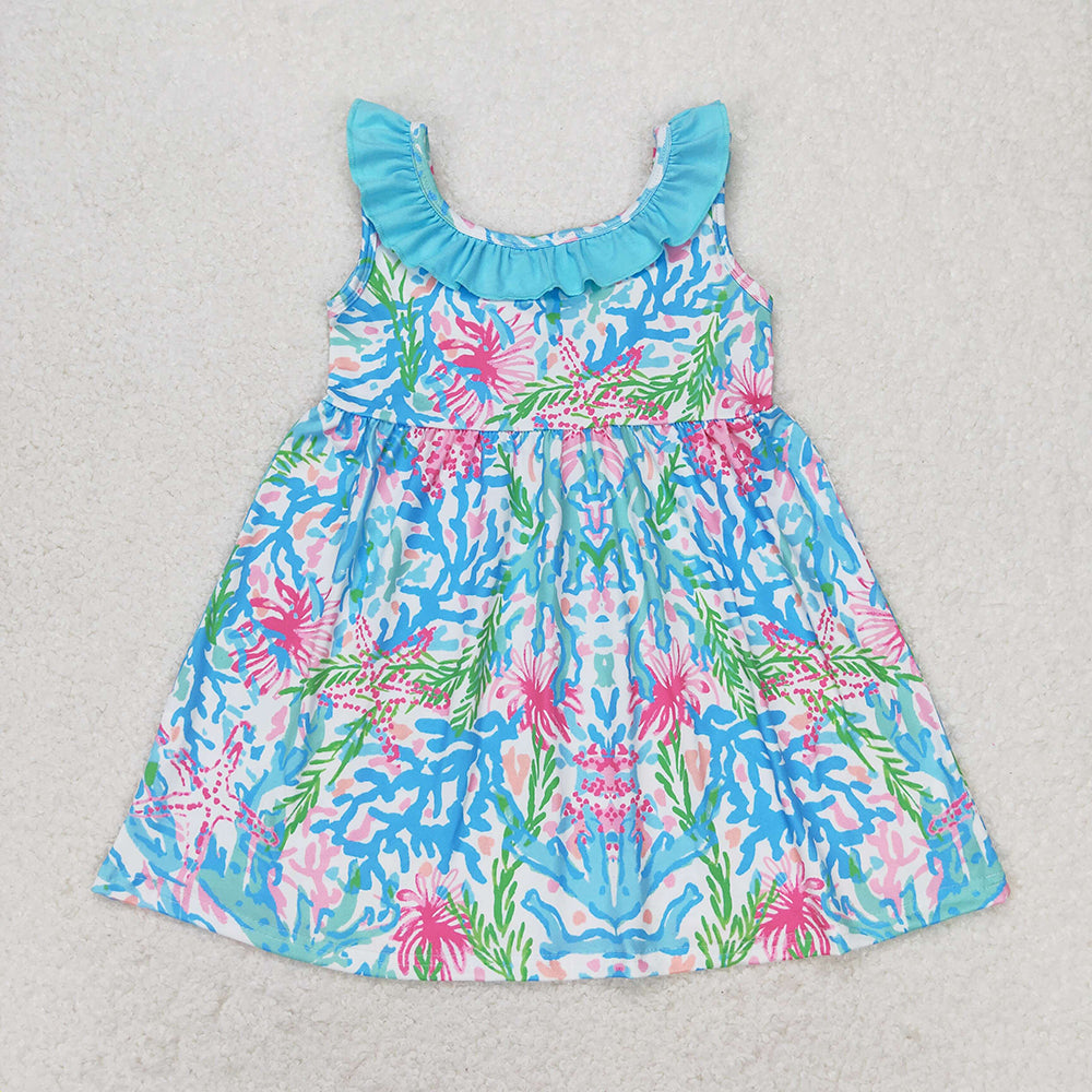 Baby Girls Blue Flowers Ruffle Knee Length Dresses