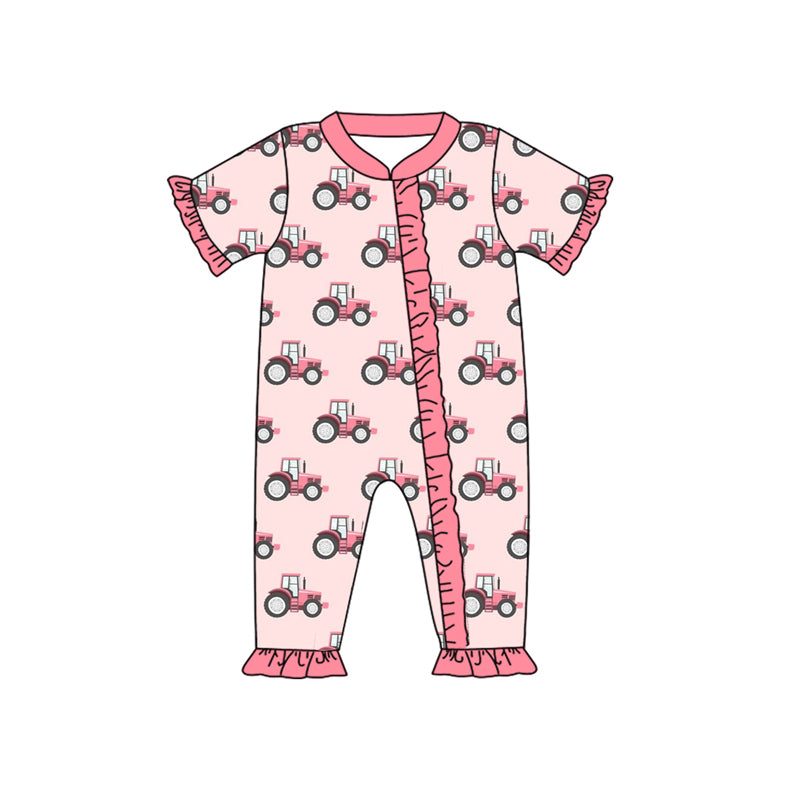 Baby Girls Pink Short Sleeve Zip Tractor Farm Rompers preorder(moq 5)